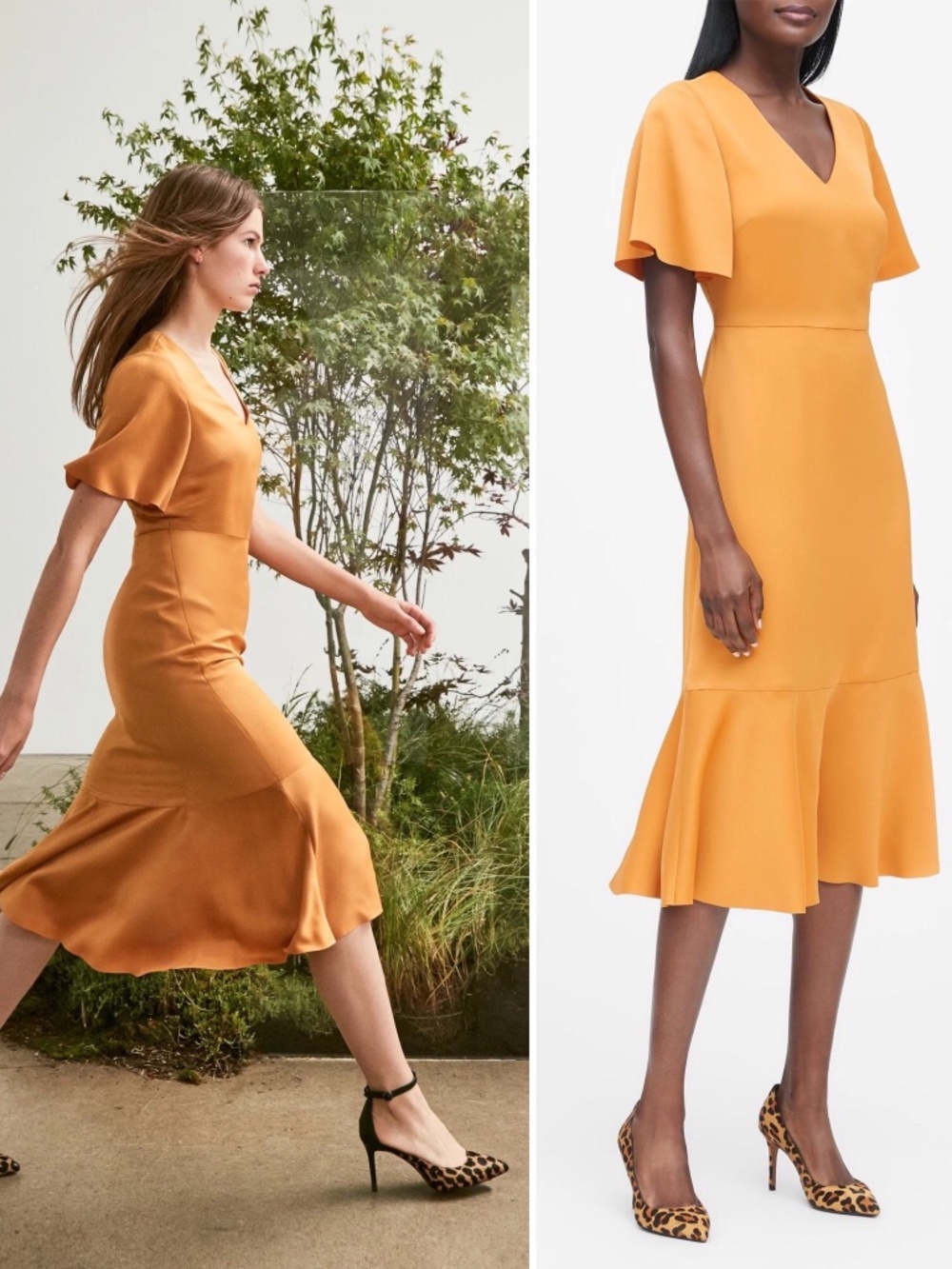 Banana Republic Midi Dress Satin Yellow Flutter Sleeve Flounce Hem 10 NWT